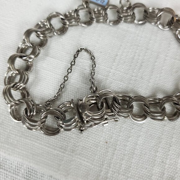 Vintage American Sterling Heavy Curb Triple Round Cable Link Charm Bracelet - Picture 4 of 12